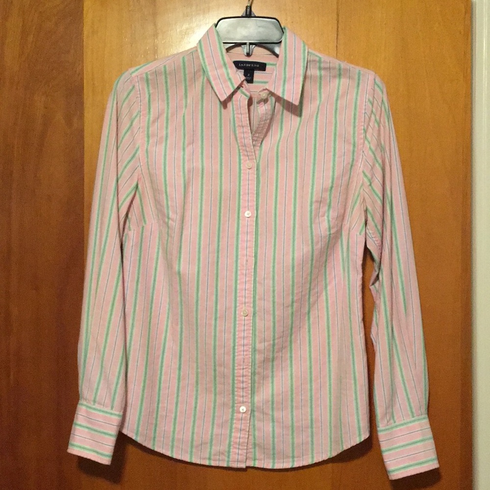 Lands End Pink blue and green striped button down